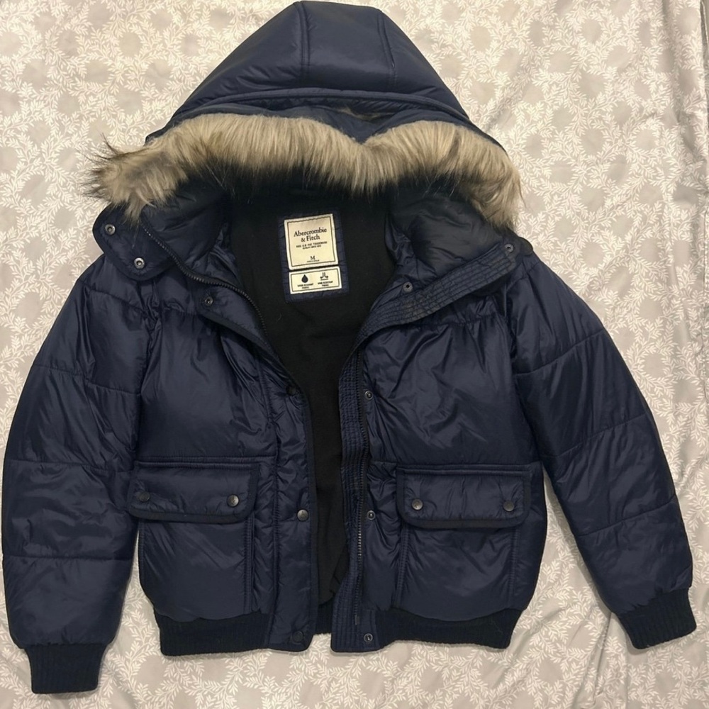 Abercrombie & Fitch Navy Blue Fur Hood Puffer Coat